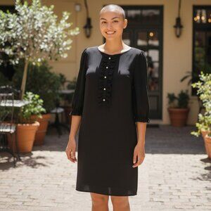 Karl Lagerfeld Black Sheath Dress Pearl Buttons Zip Up 3/4 Sleeves Sz 6